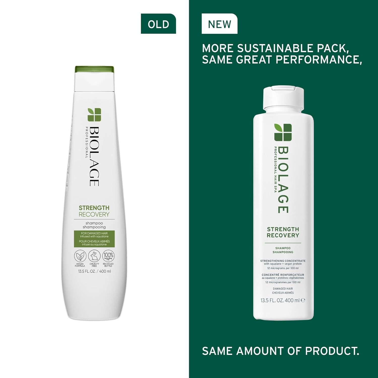 Biolage Strength Recovery Shampoo - Reduces Breakage & Detangles, for Damaged Hair, with Olive Squalane & Vegan Proteins, Paraben & Mineral Oil-Free, Packaging May Vary