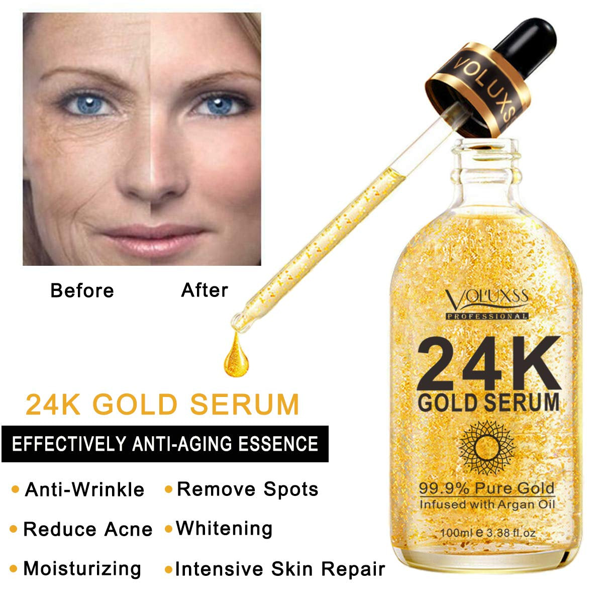24K Gold Face Serum – Skin Care Collagen Booster with Vitamin C