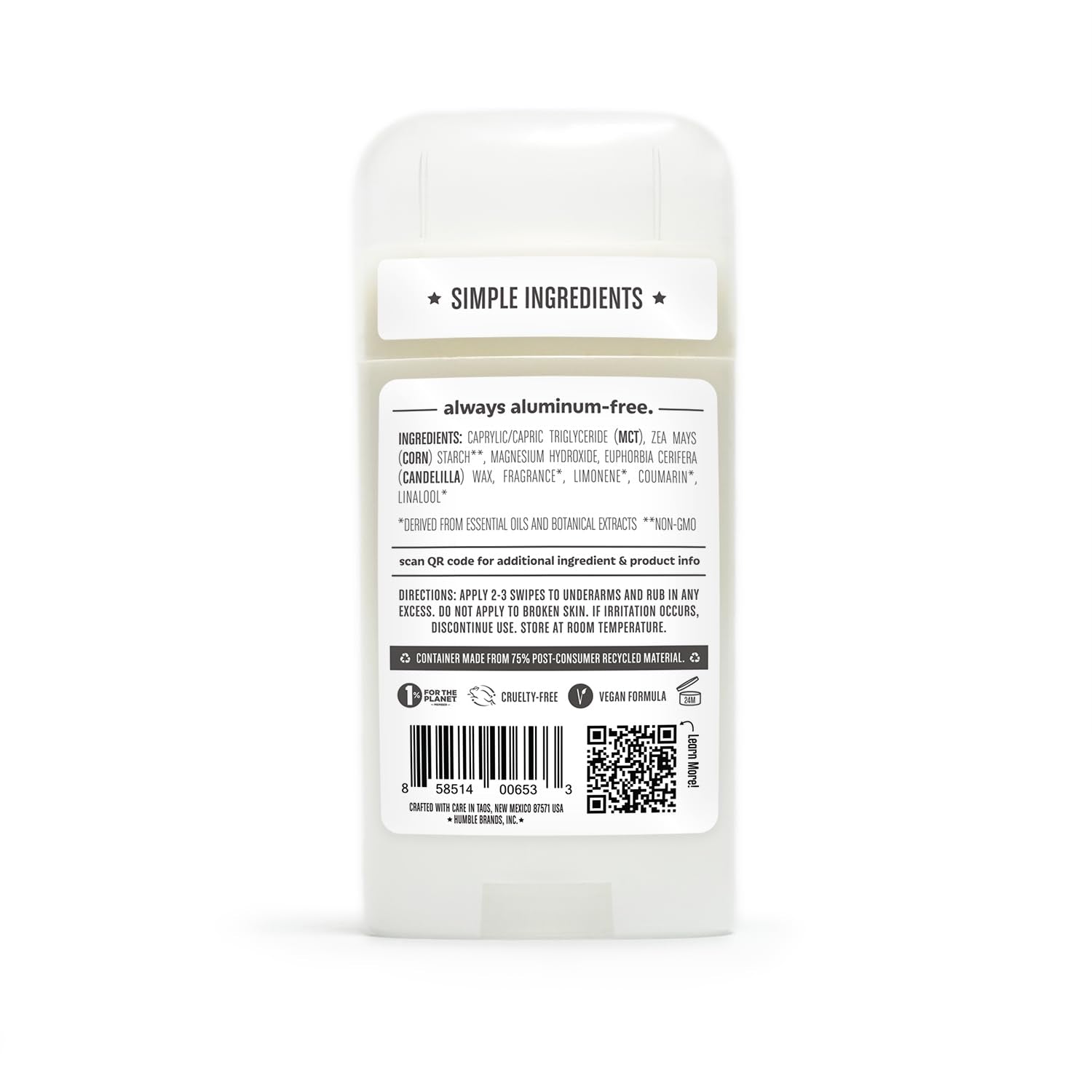 HUMBLE BRANDS Aluminum-Free Deodorant, Vegan and Cruelty- Free, Formulated for Sensitive Skin, Palo Santo and Frankincense, 2.5 Ounce (Pack of 1)