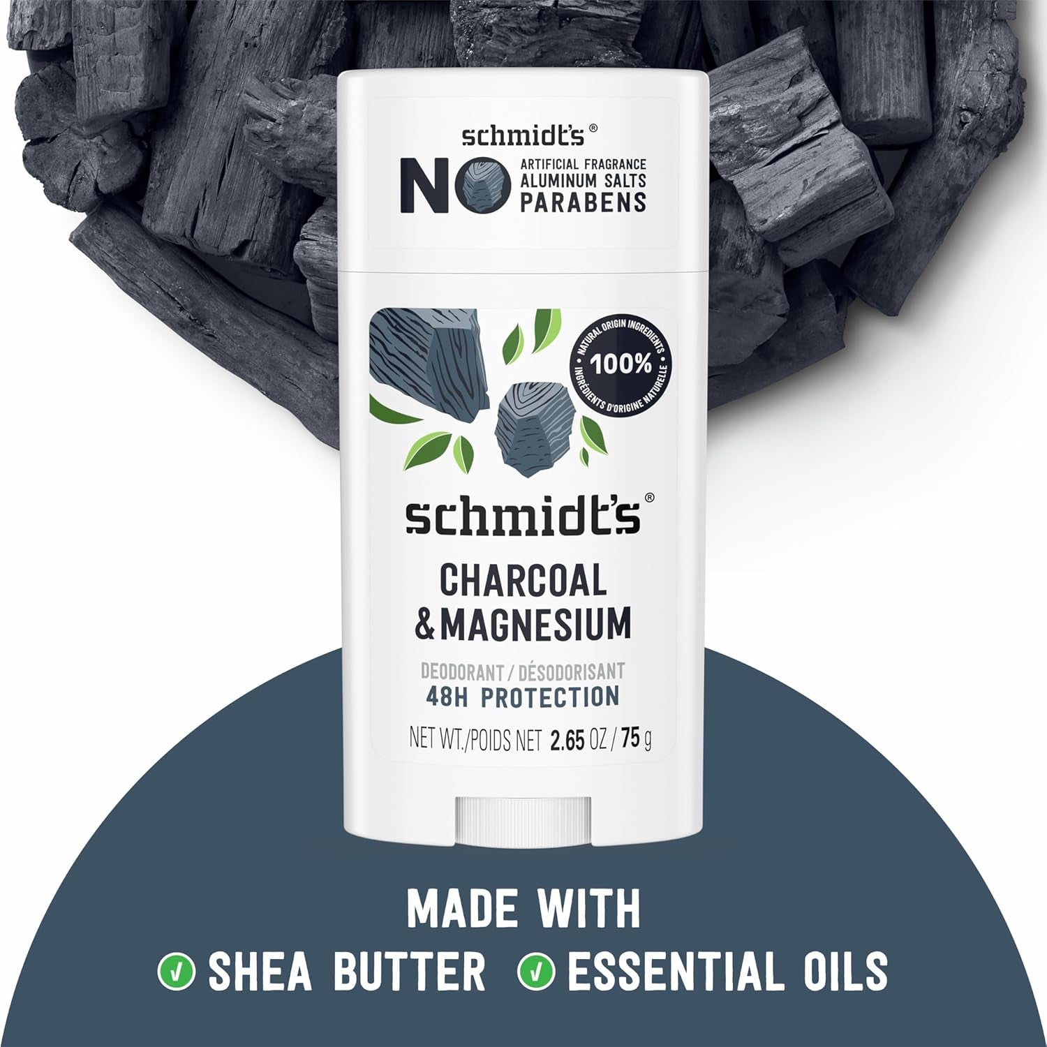 Aluminum-Free Vegan Deodorant Charcoal & Magnesium with 48 Hour Odor Protection, 2 Count for Women and Men, Natural Ingredients, Cruelty-Free, 2.65 Oz, Pack of 2